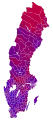 Votes by municipality as a scale from red/Left-wing bloc to blue/Centre-right bloc.