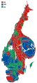 Cartogram of the map to the left with each municipality rescaled to the number of valid votes cast.