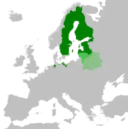 Swedish Empire (dark green) in 1655–1657 with Lithuania (light green) as its protectorate. Diagonal lines represent territories occupied by the Tsardom of Russia.