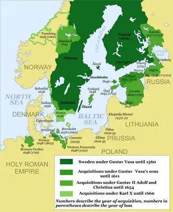 Image 72The Swedish empire at its largest. Most of present-day Finland was part of Sweden proper, rike, shown in dark green. (from History of Finland)