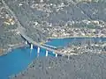 Aerial view of the low and high level bridges