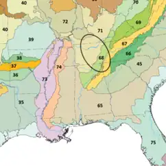 Symphyotrichum kentuckiense endemic distribution map: United States — nearby areas of Alabama, Georgia, Kentucky, and Tennessee outlined by an oval