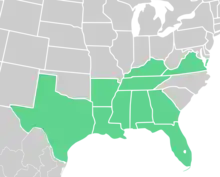 Symphyotrichum pratense distribution map: US — Alabama, Arkansas, Florida, Georgia, Kentucky, Louisiana, Mississippi, Tennessee, Texas, and Virginia.