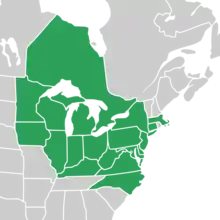 Symphyotrichum prenanthoides native distribution map: Canada — Ontario; US — Connecticut, Delaware, District of Columbia, Illinois, Indiana, Iowa, Kentucky, Maryland, Massachusetts, Michigan, Minnesota, New Jersey, New York, North Carolina, Ohio, Pennsylvania, Virginia, West Virginia, and Wisconsin.