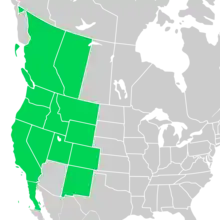 Distribution map of Symphyotrichum spathulatum: Canada — Alberta and British Columbia; Mexico — Baja California; US — California, Colorado, Idaho, Montana, Nevada, New Mexico, Oregon, Utah, Washington, and Wyoming.