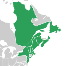 Symphyotrichum tradescantii native distribution map: Canada — New Brunswick, Newfoundland, Nova Scotia, and Québec; US — Maine, Massachusetts, New Hampshire, New Jersey, New York, Rhode Island, and Vermont.