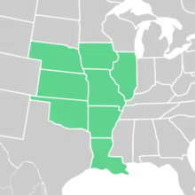 Symphyotrichum turbinellum distribution map: US — Primarily the Ozarks of Arkansas, Illinois, Iowa, Kansas, Louisiana, Missouri, Nebraska, and Oklahoma.