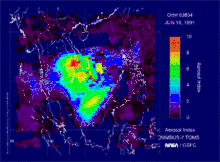 Image 13Satellite measurements of ash and aerosol emissions from Mount Pinatubo. (from Timeline of volcanism on Earth)