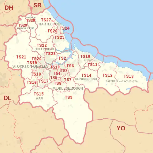 TS postcode area map, showing postcode districts, post towns and neighbouring postcode areas.