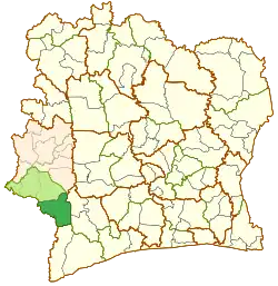 Location (dark green) in Cavally region (light green) and Montagnes district (orange) in Ivory Coast. Taï Department has retained the same boundaries since its creation in 2013.