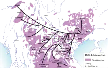 Image 31Map showing linguistic family tree overlaid on a geographic distribution map of Tai-Kadai family. This map only shows general pattern of the migration of Tai-speaking tribes, not specific routes, which would have snaked along the rivers and over the lower passes. (from History of Thailand)