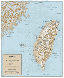 elevation map of Taiwan showing mountain ranges in the east and lower lands in the southwest