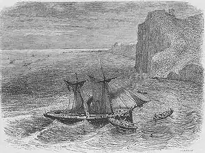 The wreckage of the Takao, pursued by steamships of the Imperial Navy