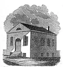 Engraving of a single-story square building with basement and ground-level windows visible.