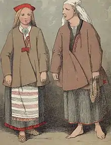 Image 14A peasant girl and a woman in traditional dress from Ruokolahti, eastern Finland, as depicted by Severin Falkman in 1882 (from Culture of Finland)