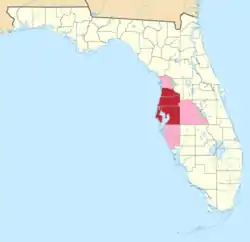 The Tampa–St. Petersburg–Clearwater Metropolitan Statistical Area (red) and other counties which are sometimes considered to be part of the Tampa Bay Area (pink).