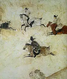 Polo players wearing yuanlingpao with tight sleeves on horseback, Tang dynasty