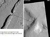 Tartarus Colles channel, as seen by HiRISE.  Scale bar is 500 meters. Click on image to see bridge across channel.