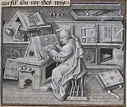 Image 20An author portrait of Jean Miélot writing his compilation of the Miracles of Our Lady, one of his many popular works. (from History of books)