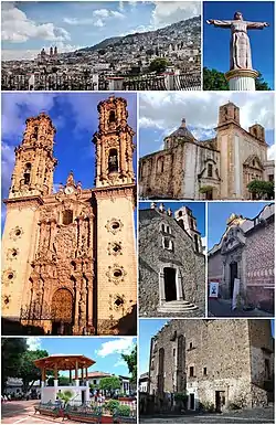 Top, from left to right: Overview of Taxco, The Monumental Christ of Taxco, Santa Prisca Temple (Templo de Santa Prisca), Church of the former monastery of San Bernardino de Siena, La Santisima Church, Museum of Viceregal Art, The House Borda and Plaza de Armas kiosk.