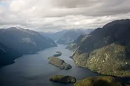 View of Te Puaitaha Breaksea Sound from a plane flying past its mouth