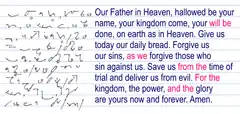 The text of the English Language Liturgical Consultation version of the Lord's Prayer, written in Teeline Shorthand and in Latin script for comparison.