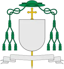 Galero vert with six tassels per side, used by bishops in place of a helmet (and single-barred cross)