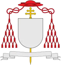 Galero gules with fifteen tassels per side, used by cardinals in place of a helmet (and patriarchal cross)