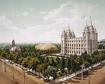 Image 14Temple SquarePhoto: William Henry Jackson; restoration: Tom dl and MmxxAn 1899 photochrom showing Temple Square, a 10-acre (4.0 ha) complex located in the center of Salt Lake City, Utah, US. The location is owned by and serves as headquarters of the Church of Jesus Christ of Latter-day Saints and was selected by Church president Brigham Young in 1846. Temple Square is home to several buildings; depicted here are the Salt Lake Temple, Salt Lake Tabernacle and Salt Lake Assembly Hall.More featured pictures