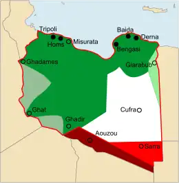 Image 14Territorial growth of Italian Libya: Territory ceded by Ottoman Empire 1912 (dark-green) but effectively Italy controlled only five ports (black), territories ceded by France and Britain 1919 and 1926 (light-green), territories ceded by France and Britain 1934/35 (red) (from History of Libya)