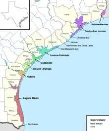 Map depicting the Gulf Coast of Texas, with coastal counties labeled and estuaries color-coded