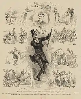  alt=Black and white drawings of stage production: the main image is a man in top hat and morning coat dancing and brandishing a furled umbrella