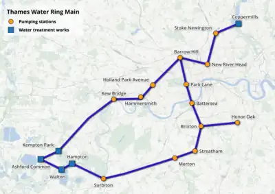 Map of the Thames Water Ring Main in London, showing connected water treatment works and pumping stations.