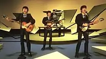 A virtual music set, composed of a small, round elevated stage and a further offset for the drum set, with several yellow-tinted arrow-like shapes mounted behind and in front of it, the arrows directed to the stage. The virtual Beatles are performing on this set.