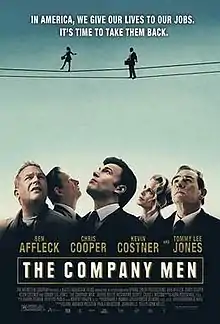 A group of people in business clothes look up at two distant figures also in business clothes walking across suspended wires.