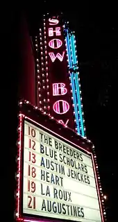 Marquee of the Showbox music venue showing the Breeders on September 10 and other bands performing that month