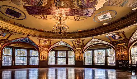 The Dining Hall with Louis Comfort Tiffany's stained glass windows.