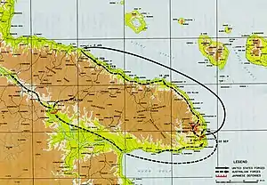 Map depicting the movement of military forces around the Huon Peninsula