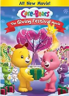 A yellow Bear wearing a cap (Funshine Bear) is giving a pink Bear (Cheer Bear) a gift box. Nearby are other Care Bears (Share, Oopsy and True Heart) stand behind decorated trees and locations.