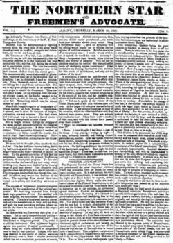 A newspaper front page with "The Northern Star and Freemen's Advocate" as the headline over three columns of text