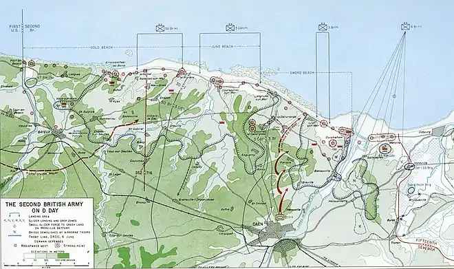 Map shows the British and Canadian beaches, and the positions at the close of D-Day