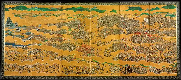 Image 12Siege of OsakaPainting credit: unknownThe siege of Osaka was a series of battles undertaken by the Japanese Tokugawa shogunate against the Toyotomi clan, and ending in the clan's dissolution. Divided into two stages (the winter campaign and the summer campaign), and lasting from 1614 to 1615, the siege put an end to the last major armed opposition to the shogunate's establishment. This eight-metre-long (26 ft) painting, titled The Summer Battle of Osaka Castle and executed on a Japanese folding screen, illustrates Osaka Castle under siege, and was commissioned by the daimyo Kuroda Nagamasa, who took a team of painters with him to the battlefield to record the event. The painting depicts 5071 people and 21 generals, and is held in the collection of Osaka Castle.More selected pictures