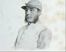 A British jockey with silk cap in 1862.