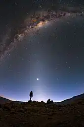 Image 62Zodiacal light caused by cosmic dust. (from Cosmic dust)