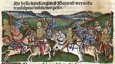 Chronica Hungarorum, Thuróczy chronicle, Battle of Posada in 1330, King Charles I of Hungary, King Charles Robert of Hungary, Basarab I of Wallachia, battle, Hungary, Wallachia, fight, armored soldiers, cavalry, medieval, Hungarian chronicle, book, illustration, history