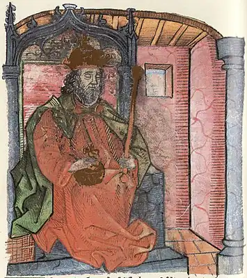 Chronica Hungarorum, Thuróczy chronicle, King Béla II of Hungary, throne, crown, orb, scepter, medieval, Hungarian chronicle, book, illustration, history