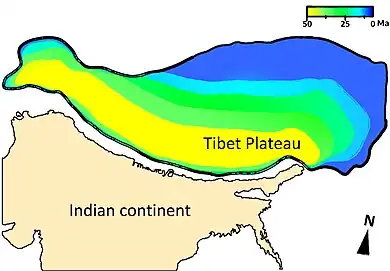 Graphic showing when regions of the Tibetan Plateau reached their present-day elevation