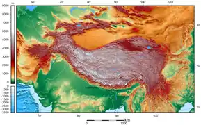 Tibetan Plateau and surrounding areas above 1600-m topography