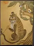 Joseon period folk painting depicting a tiger smoking pipe. The tiger had leopard patterns on its head.