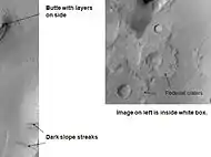 Tikhonravov crater floor in Arabia quadrangle. Click on image to see dark slope streaks and layers.